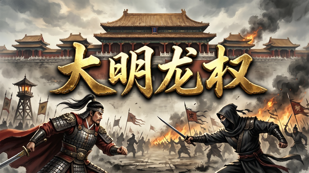 画面中央展示“大明龙权”四个鎏金大字LOGO,背景为明朝皇宫与烽火战场,前景是身披铠甲的侠客与刺客对峙,整体布局恢弘大气,采用写实国风水墨风格,细节精致,光线层次分明,高清画质,干净无多余元素,文字“大明龙权”清晰醒目。
