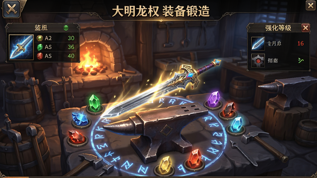 展示“大明龙权”装备锻造界面,一柄散发光芒的宝剑悬浮在锻造台上,周围有各种魂石材料与神秘符文,背景是铁匠铺的火炉与工具,UI显示装备属性与强化等级,画面精致,采用游戏截图风格,光影效果出众,画质细腻,干净无多余元素,文字“大明龙权 装备锻造”清晰可见。