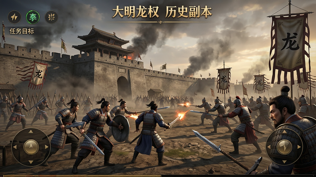 展示“大明龙权”历史副本界面,玩家队伍在古战场中与敌军交战,背景是明朝时期的城墙与战旗,天空硝烟弥漫,画面呈现电影级光影效果,UI显示任务目标,采用写实风格,细节丰富,画质高清,干净无多余元素,文字“大明龙权 历史副本”清晰可见。