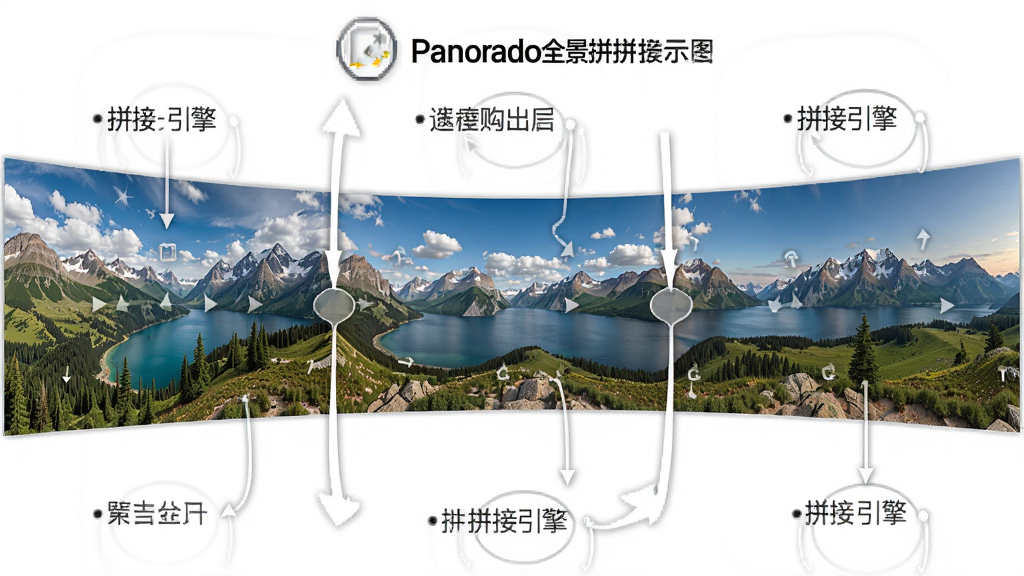 Panorado全景拼接过程示意图,主体为多张风景照片拼接成全景,布局为分步展示,风格写实,细节标注“Panorado”拼接引擎,画质清晰,干净,无多余元素。