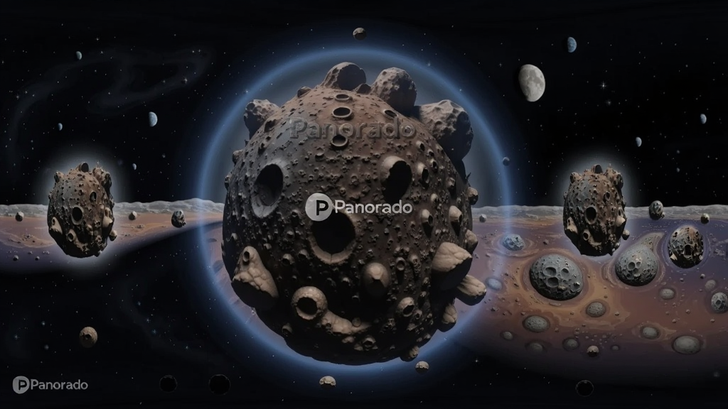 Panorado小行星视角预览,主体为小行星变形的全景图,布局居中,风格奇幻,细节显示“Panorado”水印,画质干净,无多余元素。