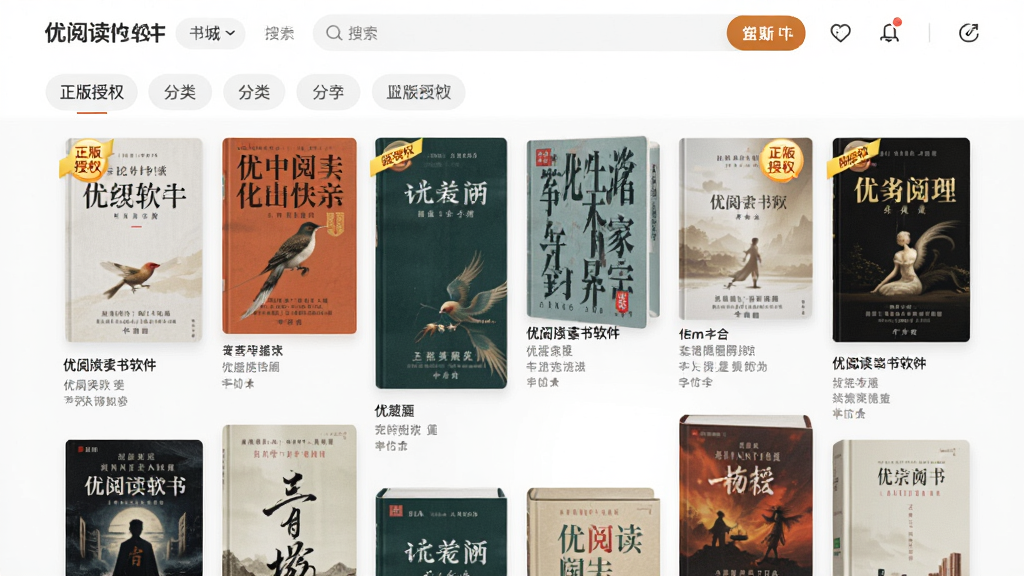 画面主体为优阅读书软件的书城页面,布局采用瀑布流形式展示图书封面,顶部为搜索栏和分类标签,排版密集有序,风格现代简约,细节包括图书封面上的书名和作者名清晰,界面高亮显示“正版授权”标识,画质高清干净,无多余元素