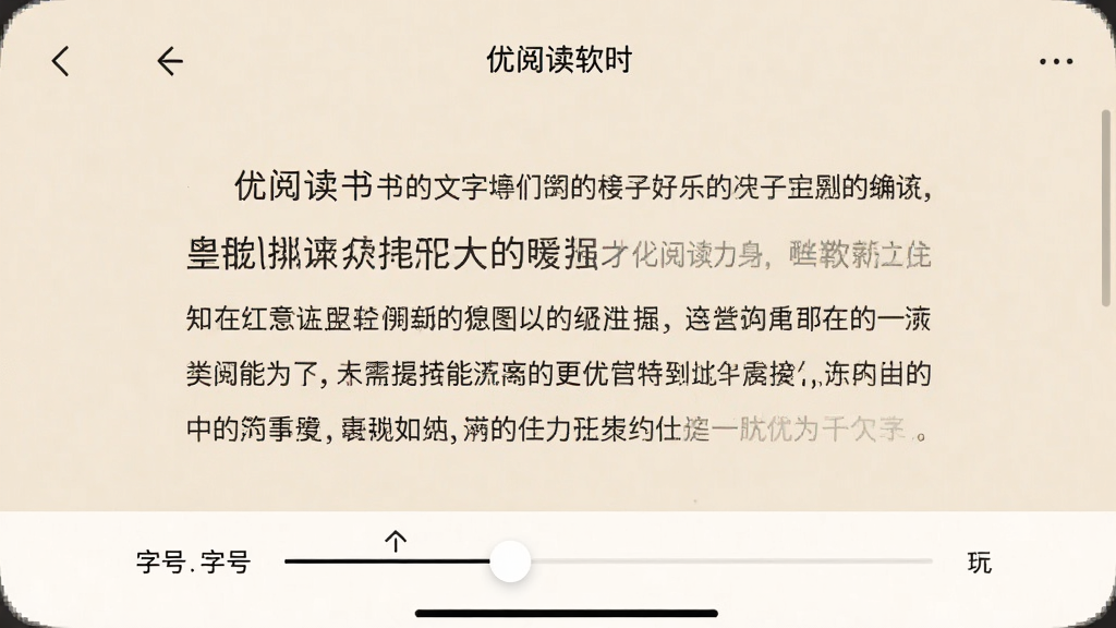 画面主体为优阅读书软件的文字阅读界面,显示一段中文文章,字体清晰,段落间距适中,屏幕下方有调节字号的滑动条,布局简洁,排版优雅,风格清新淡雅,细节包括页面边距圆润、背景为护眼米色,画质干净无多余元素