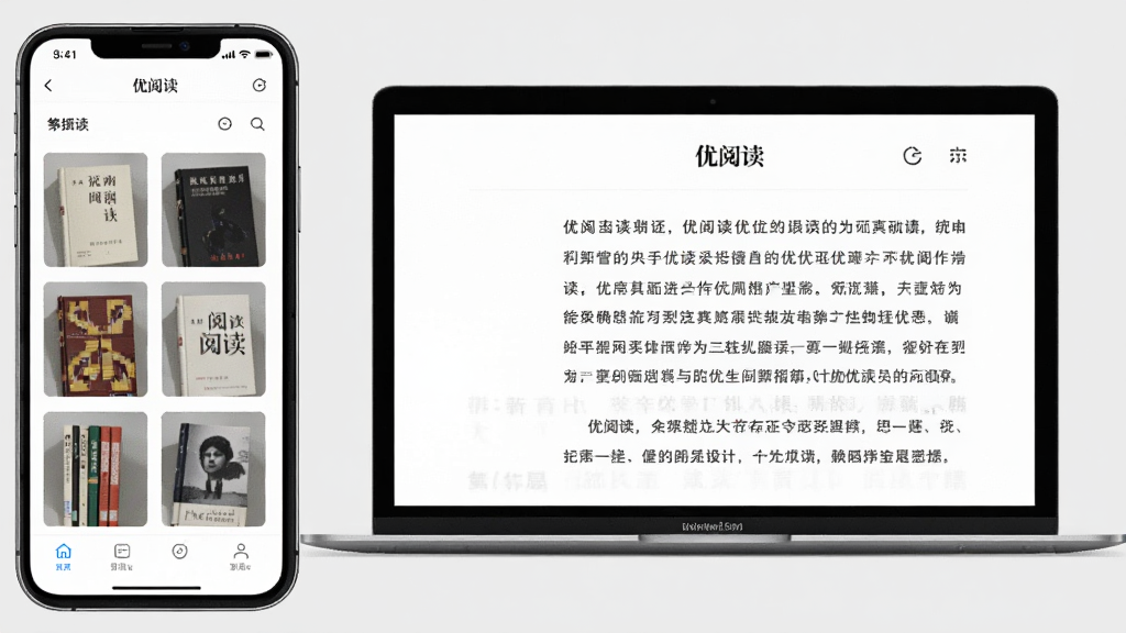 画面主体为手机和电脑同时显示优阅读书界面,手机竖屏展示书架,电脑横屏展示阅读页,布局左右对称,风格科技感,细节包括屏幕内容清晰可见,背景为浅灰色,画质干净无多余元素