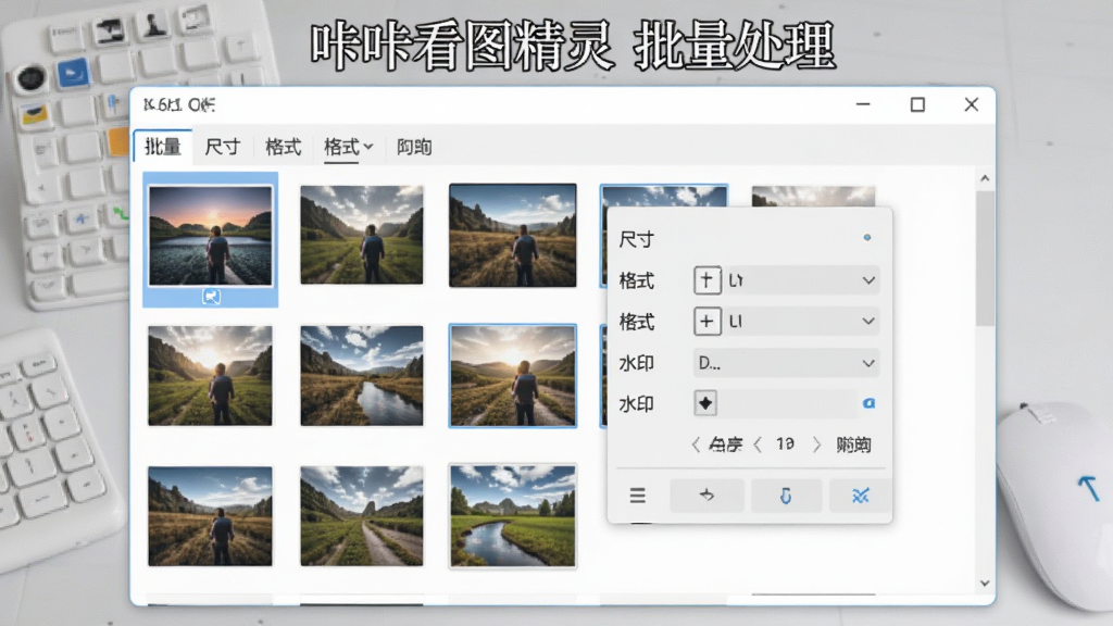 主体为操作界面中批量选中多张图片并弹出处理设置面板,面板内有尺寸、格式、水印选项,布局为界面截图风格,背景为浅灰色工作台,顶部有“咔咔看图精灵 批量处理”文字,风格简洁,细节丰富,画质干净,无多余元素