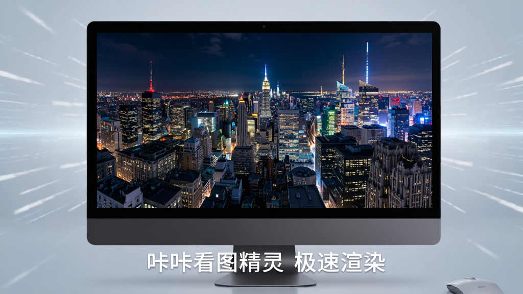 主体为电脑屏幕中显示一张超大城市夜景全景图,屏幕下方有“咔咔看图精灵 极速渲染”字样,布局为屏幕特写占画面中央,周围有淡淡的速度线条光效,风格科技感十足,细节清晰,画质干净,无多余元素
