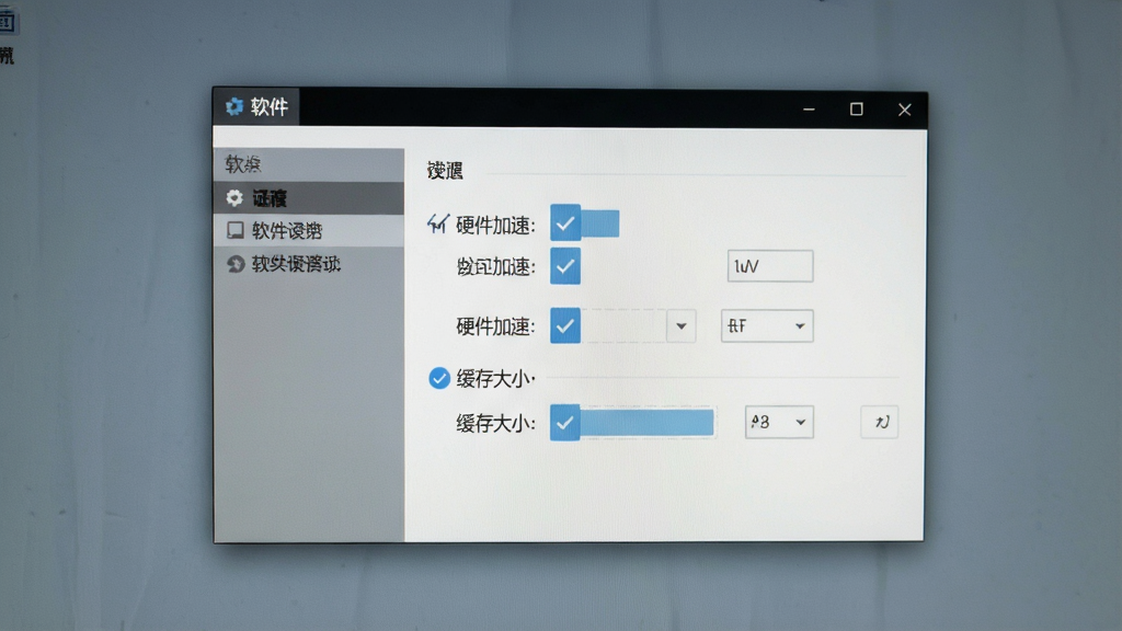 主体为电脑屏幕显示软件设置界面,突出“硬件加速”与“缓存大小”选项,布局为设置窗口特写,背景为纯色桌面,风格简洁,细节清晰,画质干净,无多余元素
