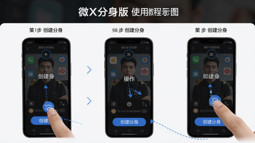 微X分身版使用教程示意图,画面展示手机操作步骤,手指点击创建分身按钮,界面标注清晰步骤,主体为手机界面特写,布局分步展示,排版简洁明了,风格实用,细节突出操作路径,画质高清干净,无多余元素