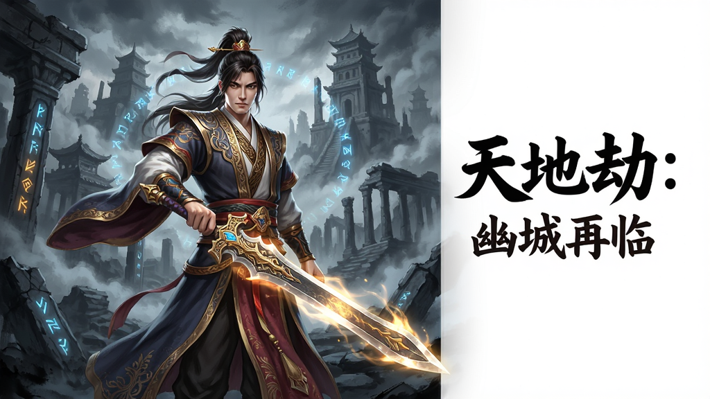 主体:《天地劫:幽城再临》游戏主视觉图,一位身穿华丽古装的侠客站在幽暗的古城遗迹前,手持散发光芒的神兵。布局:人物居中偏左,右侧留白用于标题文字“天地劫:幽城再临”。排版:采用对称构图,背景为神秘的幽城与飘渺的云雾。风格:国风水墨与写实厚涂结合,色彩浓郁,光影对比强烈。细节:人物衣袍纹理清晰,神兵细节精致,背景残垣断壁与符文光影交织。画质:8K超清,细节丰富,干净,无多余元素。