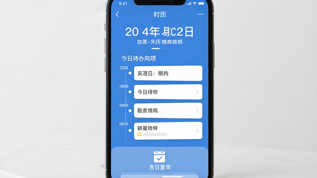 一幅现代简约风格的手机应用界面预览图,展示“时历”App主屏幕,上方显示当前日期与农历信息,中间以时间轴形式排列今日待办事项,下方有吉日查询入口图标,整体布局清爽,以蓝白为主色调,扁平化设计,画质干净,无多余元素