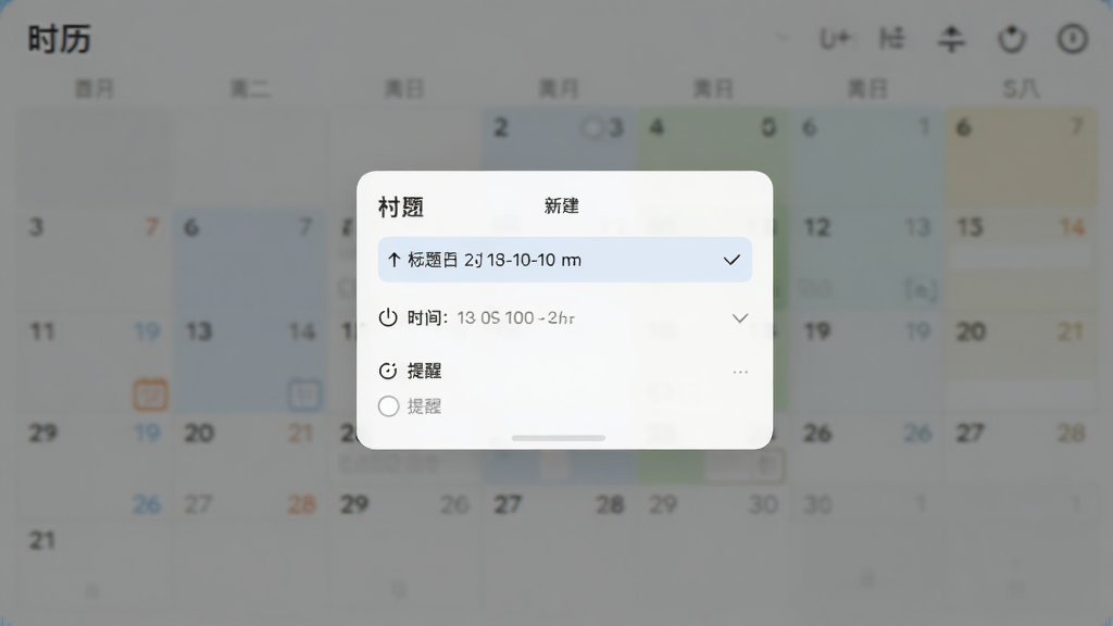 展示“时历”App日程编辑界面的预览图,画面中央是一个新建日程的弹窗,包含标题、时间、提醒选项,背景为模糊的月视图日历,整体风格简洁,色彩柔和,突出功能布局,画质干净,无多余元素