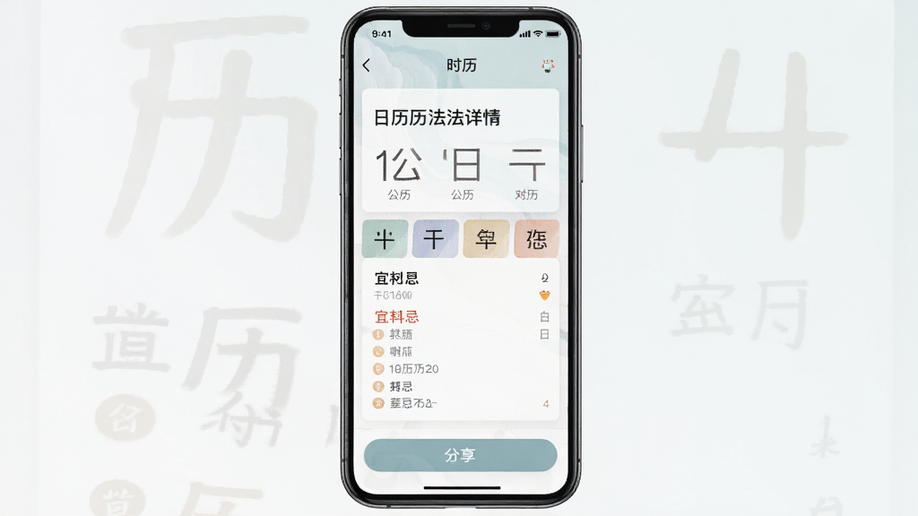 一张“时历”App历法详情页的预览图,屏幕显示某一天的详细历法信息,包括公历日期、农历日期、干支、宜忌列表,底部有分享按钮,界面采用卡片式布局,文字清晰,配色淡雅,画质干净,无多余元素