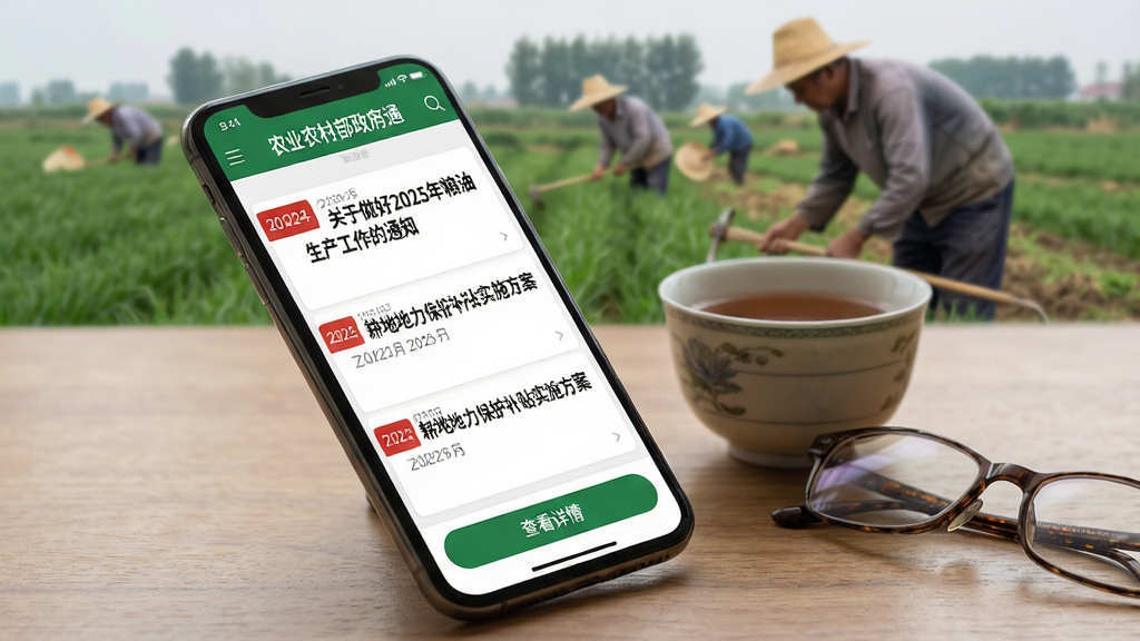 主体:手机屏幕展示农业农村部政务通的政策资讯页面,列表项显示“关于做好2025年粮油生产工作的通知”、“耕地地力保护补贴实施方案”等标题。布局:手机斜放在木质桌面上,旁边放着一杯茶和一副老花镜,背景是农民在田间劳作的模糊影像。排版:屏幕内文字清晰,标题加粗,左侧有红色日期标签,底部有“查看详情”按钮。风格:纪实摄影风格,光线自然柔和,色彩真实。细节:屏幕内容可辨识,文字排列整齐,背景虚化,突出手机屏幕。画质:高清细腻,干净无多余元素。
