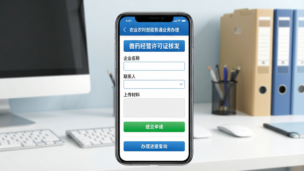 主体:一部手机显示农业农村部政务通业务办理界面,页面顶部有“兽药经营许可证核发”字样,下面是表单填写区域,包含“企业名称”、“联系人”、“上传材料”等选项。布局:手机竖屏居中,背景为干净的办公室桌面,有电脑、文件夹等办公用品,整体色调清爽。排版:屏幕内表单结构清晰,输入框和按钮排列有序,色彩以蓝色和白色为主,符合政务应用风格。风格:写实渲染,明亮通透,强调功能性与专业性。细节:屏幕中“提交申请”按钮为绿色高亮,下方有“办理进度查询”入口,文字清晰。画质:高分辨率,干净无杂乱元素。