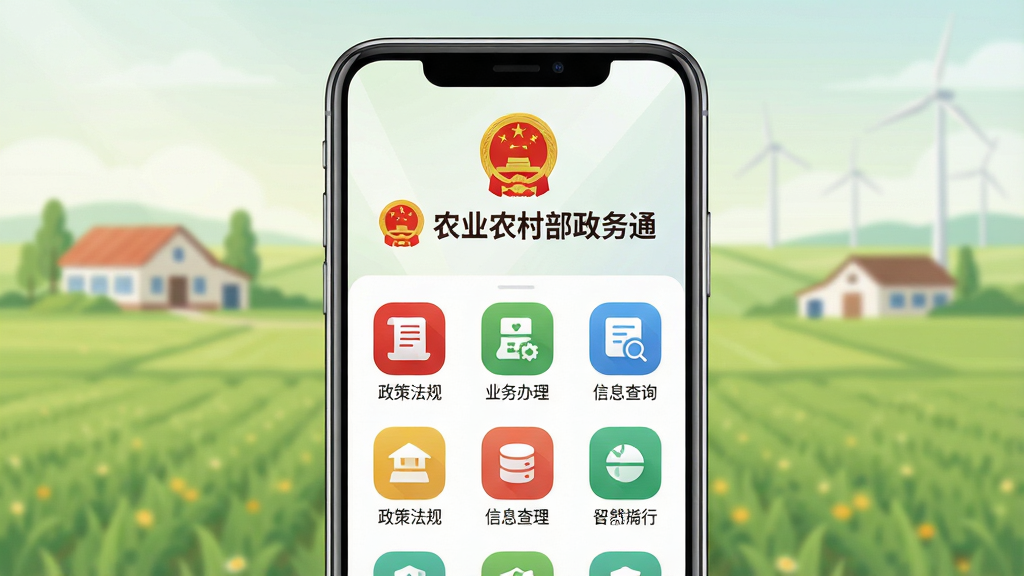 主体:一部智能手机屏幕展示农业农村部政务通APP首页,上方显示红色国徽图标和“农业农村部政务通”文字,下方排列整齐的功能图标。布局:手机居中,背景为浅绿色田野风光,远处有农舍和风力发电机,画面清晰明亮。排版:手机屏幕内UI界面清晰,图标下方有中文标签,如“政策法规”、“业务办理”、“信息查询”等,整体布局符合政务APP简洁风格。风格:写实结合扁平化设计,色彩以红色、绿色、白色为主,体现政务庄重与农业生机。细节:手机屏幕反射出柔和光线,界面图标圆润,颜色鲜明,文字清晰可读,背景虚化突出主体。画质:高清渲染,干净无多余元素。