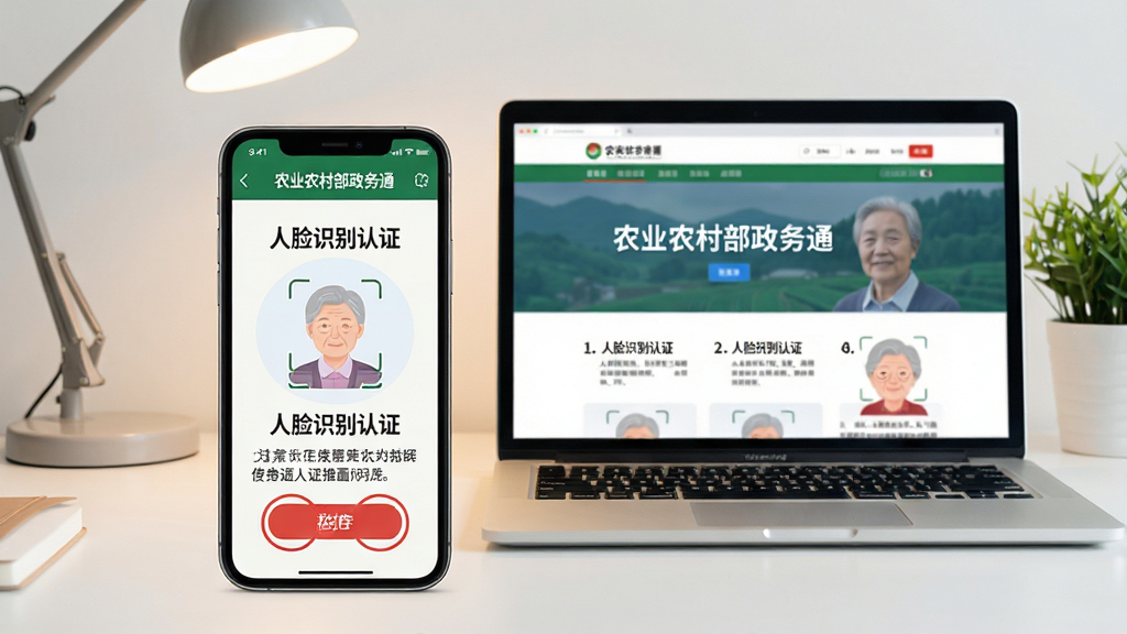主体:手机横屏显示农业农村部政务通的使用教程界面,屏幕上有“人脸识别认证”步骤图,旁边有文字说明。布局:手机旁边放着一台笔记本电脑,屏幕显示官网首页,背景为简约书桌,有台灯和绿植。排版:教程步骤用数字编号,清晰有序,关键操作按钮用红色圆圈标记。风格:教育风格,图文结合,色彩柔和。细节:手机屏幕内容可读,教程文字字体大且清晰,适合中老年人。画质:干净明亮,无多余元素。