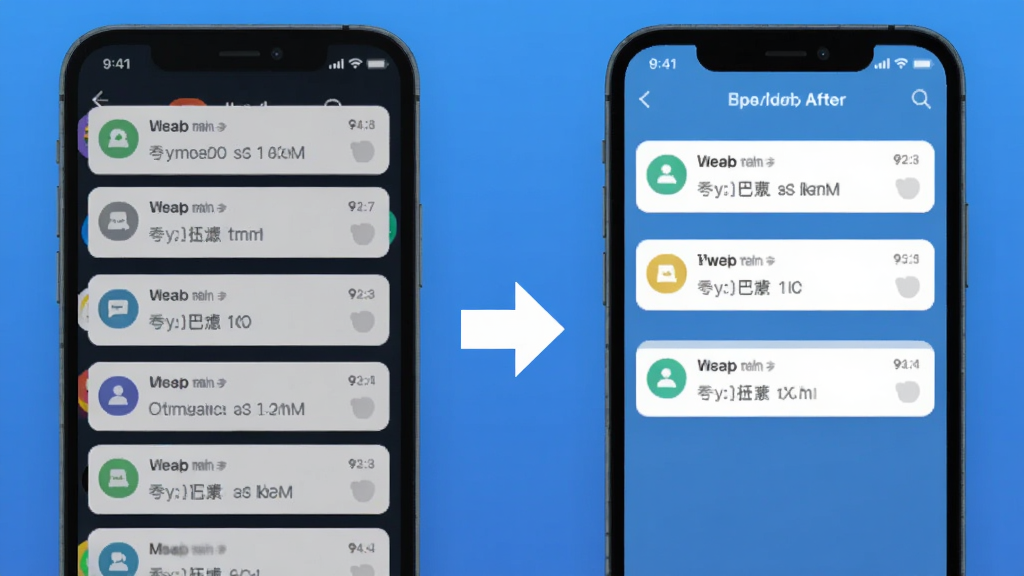 推巴克智能过滤功能示意图,手机屏幕左侧为未过滤的杂乱通知列表,右侧为经过推巴克过滤后的清爽通知界面,对比明显,背景为渐变蓝色,中间有箭头指示,画面风格扁平化,图标设计简洁,突出智能筛选效果,画质干净,无多余元素