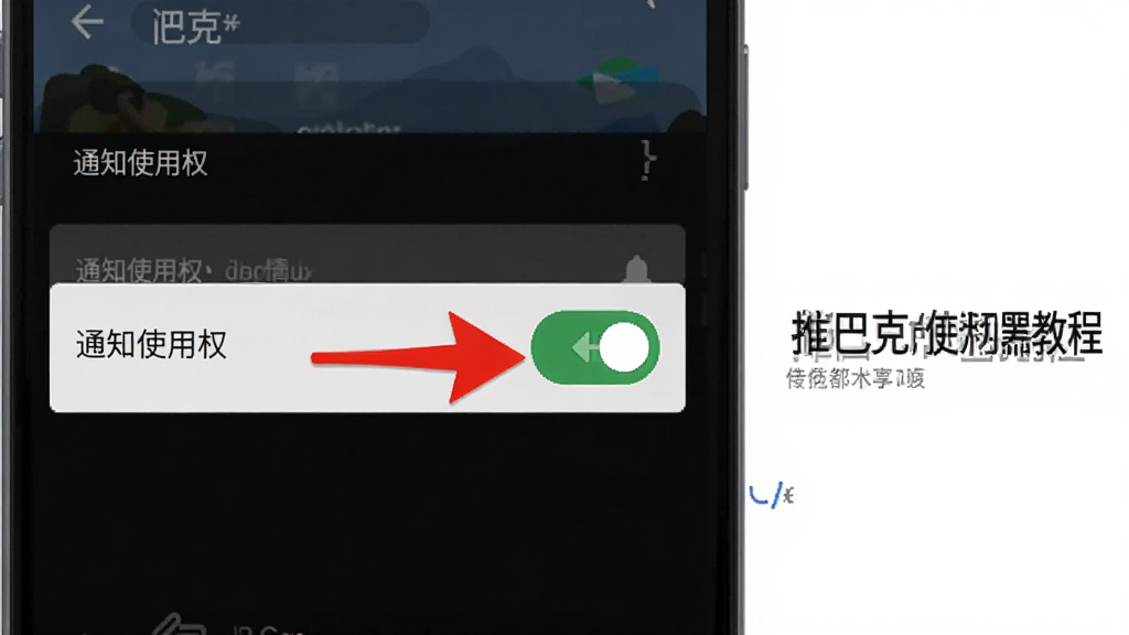 推巴克使用教程步骤图,手机屏幕显示权限设置界面,有“通知使用权”选项,背景为干净白色,界面简洁,红色箭头指向开启按钮,旁边有文字说明,风格扁平清晰,画质干净,无多余元素