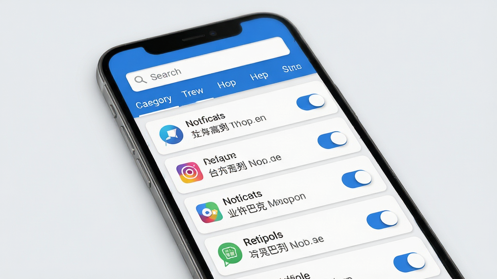 推巴克软件主界面展示,手机屏幕显示通知管理列表,背景为干净的浅灰色,界面采用卡片式布局,上方有搜索栏和分类标签,中间是各种应用的通知条目,每条通知右侧有开关按钮,整体风格简约现代,界面设计清晰,色彩以蓝色和白色为主,画质高清,干净无多余元素