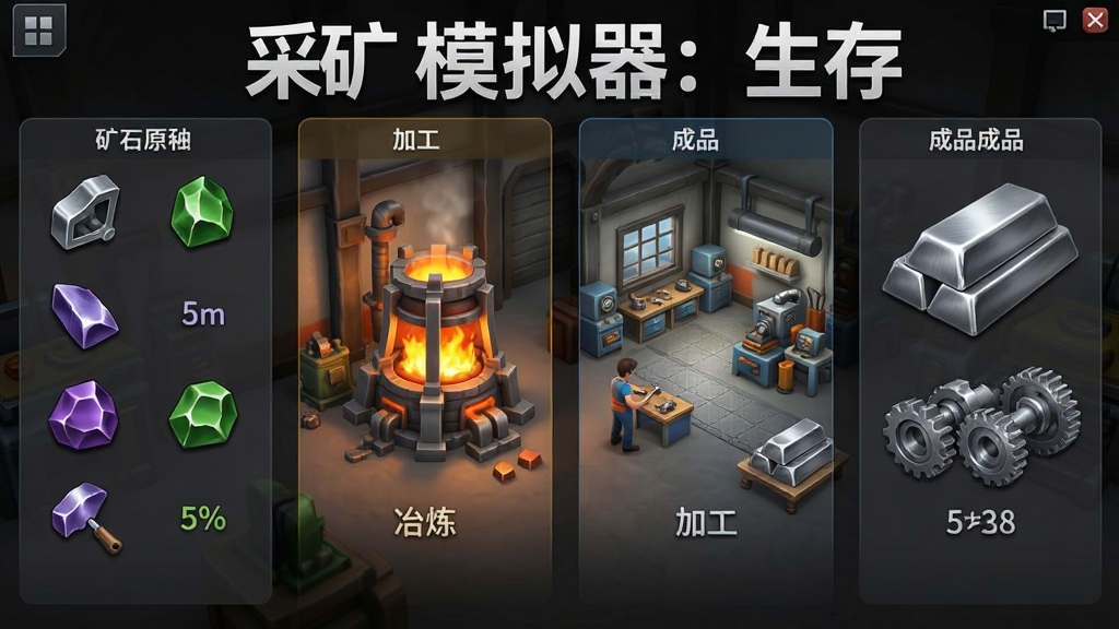 ��Ϸ�ڲ�ҵ�����棬�����ʾ��ʯԭ���м���ұ��¯�ͼӹ����䣬�Ҳ�չʾ��Ʒ�ֶ��ͻ�е��������沼��������ͼ�꾫��������дʵ��ϸ�ڷḻ�����ʸɾ����޶���Ԫ�أ����ġ��ɿ�ģ���������桱Ԥ��ͼ