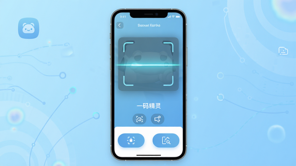 һ���뾫��Ӧ�õ��������ͼ��չʾ����Ĳ��֣�����Ϊɨ�贰�ڣ��ײ�Ϊ���ܰ�ť������Ϊ����ɫ�Ƽ��н��䣬�������ֻ���Ļ�е�APP���棬������ʾ���Ű����������Ϊ�ִ���ƽ����ƣ�ϸ�ڰ���ɨ���߶�����������ͼ�꣬���ʸ��壬�ɾ��޶���Ԫ��
