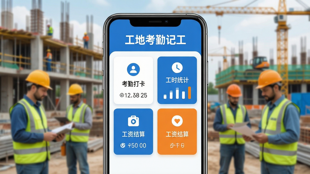 主体:工地考勤记工手机应用界面展示,屏幕上有清晰的考勤打卡、工时统计、工资结算等功能模块,背景是忙碌有序的建筑工地场景,工人佩戴安全帽。布局:应用界面居中,界面元素布局清晰,功能图标排列整齐,建筑工地作为背景虚化处理。排版:突出显示应用名称“工地考勤记工”,界面功能模块以卡片式排列,色彩以蓝色和橙色为主,文字标注清晰。风格:现代扁平化设计风格,界面简洁,色彩明快,细节丰富。画质:高清渲染,画面干净,无多余元素。
