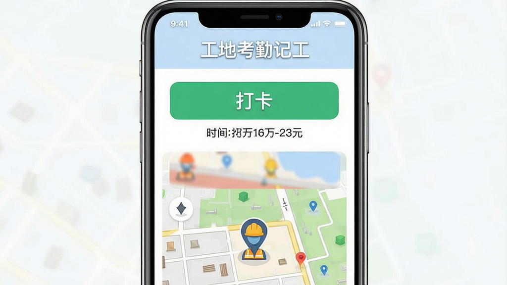 主体:手机屏幕展示工地考勤记工的考勤打卡界面,界面上有醒目的“打卡”按钮和定位地图,地图上显示工人当前位置。布局:手机居中,界面元素清晰,打卡按钮位于屏幕中央,地图占据下半部分。排版:界面顶部显示“工地考勤记工”字样,打卡按钮下方有打卡时间记录,整体布局简洁明了。风格:写实与扁平结合,色彩鲜艳,细节精致。画质:高清,画面干净,无多余元素。