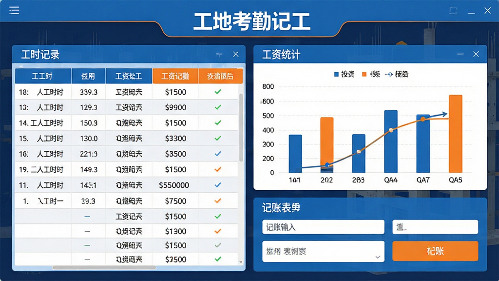 主体:工地考勤记工软件的记工记账界面,界面上展示工人工时列表、工资统计图表和记账表单。布局:界面居中,左侧为工时记录列表,右侧为工资统计柱状图,底部为记账输入框。排版:界面顶部有“工地考勤记工”标识,数据以表格和图表形式呈现,色彩以蓝色为主,辅以橙色高亮。风格:数据可视化风格,界面专业,细节丰富。画质:高清,干净,无多余元素。
