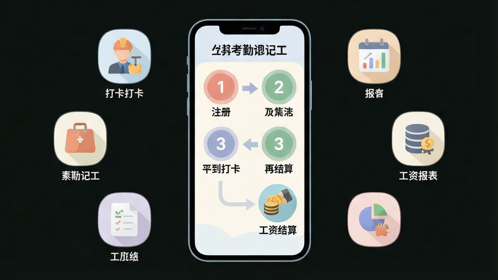 主体:手机屏幕展示工地考勤记工的使用教程步骤图,从注册到打卡再到工资结算,用箭头连接。布局:手机居中,周围环绕功能图标,如打卡、记工、报表等。排版:步骤以数字序号标注,每个步骤下方有简要文字说明,整体布局清晰。风格:扁平化插画风格,色彩柔和,图标圆润。画质:高清,干净,无多余元素。