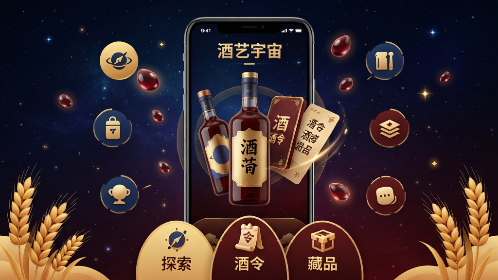 主体:一款名为“酒艺宇宙”的智能手机应用界面展示,屏幕上呈现着精美的酒瓶3D模型和动态酒令卡片。布局:手机位于画面中央,背景为深色渐变的宇宙星空,周围漂浮着发光的酒滴和麦穗元素。排版:界面清晰,主要功能图标环绕在手机四周,下方有“探索”、“酒令”、“藏品”等中文标签。风格:科技感与国潮风结合,色调以金色、深蓝和暗红为主,细节丰富。画质:8k超高清,干净无多余元素。