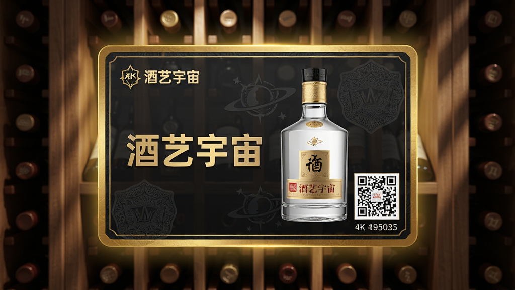 主体:一张精美的数字酒证卡片,上面印有“酒艺宇宙”字样和一款高端白酒的3D渲染图。布局:卡片居中,背景为带有光影效果的木质酒柜,卡片周围有轻微的金色光晕。排版:卡片左上角有“酒艺宇宙”LOGO,右下角有二维码和编号,整体简洁大气。风格:商务豪华风,细节包括烫金边框、防伪水印纹路。画质:4k超清,干净无多余元素。