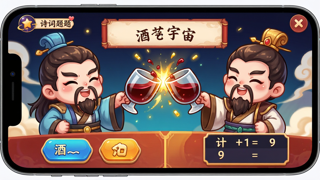 主体:手机屏幕展示“酒艺宇宙”的酒令对战界面,两名卡通酒仙形象的角色正在隔空对饮。布局:屏幕分为上下两个区域,上方是诗词题目,下方是玩家操作按钮和计分板。排版:界面活泼,有动态的酒杯碰撞特效和金色粒子。风格:Q版国漫风格,色彩明快。画质:高分辨率,干净无多余元素。