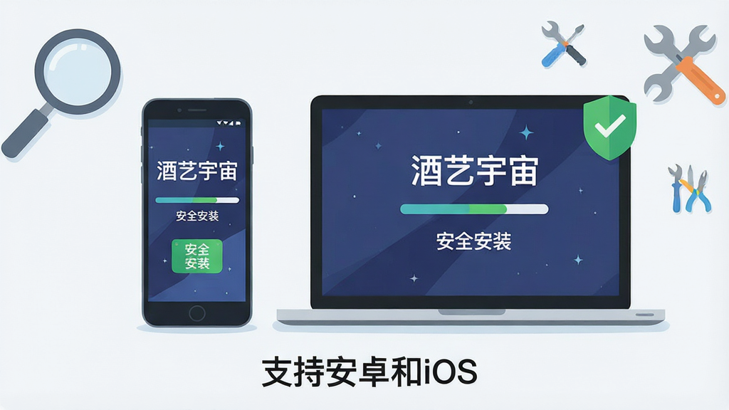 主体:一部智能手机和一台笔记本电脑并排摆放,屏幕上都显示“酒艺宇宙”的安装界面,周围有下载进度条和“安全安装”的绿色标识。布局:画面中心对称,背景为简洁的工作台,有放大镜和工具图标点缀。排版:手机和电脑屏幕上的内容清晰可辨,下方有“支持安卓和iOS”的文字。风格:扁平化插画风,色调清爽。画质:高清晰度,干净无多余元素。