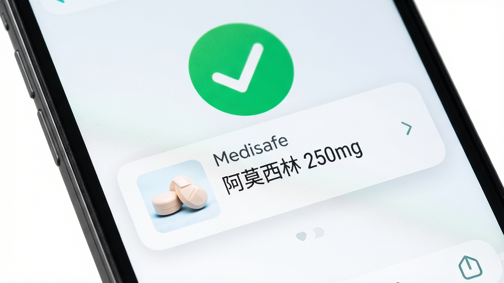 Medisafe智能提醒功能界面,手机屏幕弹出服药通知,显示药丸图片和“阿莫西林 250mg”文字,背景为绿色对勾图标,界面简洁,提醒清晰,配色清新,画质细腻,干净无多余元素