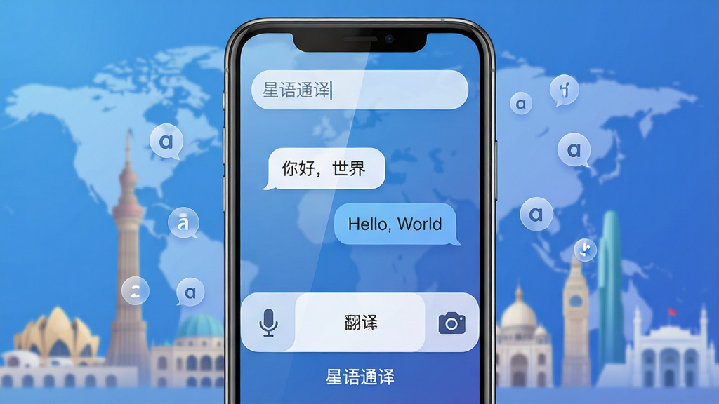 主体:一款名为“星语通译”的智能手机应用界面,屏幕中显示中英互译的对话气泡,背景为模糊的全球地标建筑轮廓。布局:手机居中,界面简洁清晰,上方为输入框,下方为翻译结果,两侧有麦克风与相机图标。排版:居中构图,手机屏幕细节丰富,文字内容为“你好,世界”与“Hello, World”,下方配有“星语通译”字样。风格:现代科技感,蓝色渐变背景,柔和光影,扁平化设计结合轻微拟物质感。细节:手机屏幕反光自然,界面图标精致,周围漂浮着代表不同语言的字母符号。画质:8K超清,干净无多余元素。