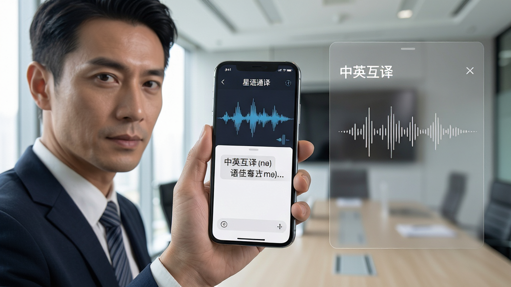 主体:一位商务人士手持手机使用“星语通译”进行语音翻译,手机屏幕显示波形动画与实时翻译文字。布局:人物位于画面左侧,手机屏幕朝向镜头,右侧为半透明的翻译结果面板,背景为现代会议室。排版:人物与手机形成视觉焦点,屏幕内容清晰,前景有轻微虚化。风格:写实摄影风格,光线明亮自然,色彩真实。细节:手机界面显示“中英互译”模式,语音波形动态效果,人物表情专注。画质:高清细腻,干净无多余元素。