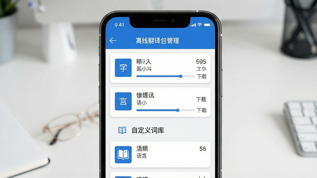 主体:手机应用界面显示“离线翻译包管理”页面,列表展示已下载的语言包,同时有一个“自定义词库”入口。布局:手机居中,屏幕内容清晰,背景为简约桌面。排版:界面简洁,语言包以卡片形式排列,下载进度条直观。风格:简约商务风,蓝白配色,扁平化设计。细节:语言包名称、大小、下载状态清晰可见,自定义词库图标为书本形状。画质:高清细腻,干净无多余元素。