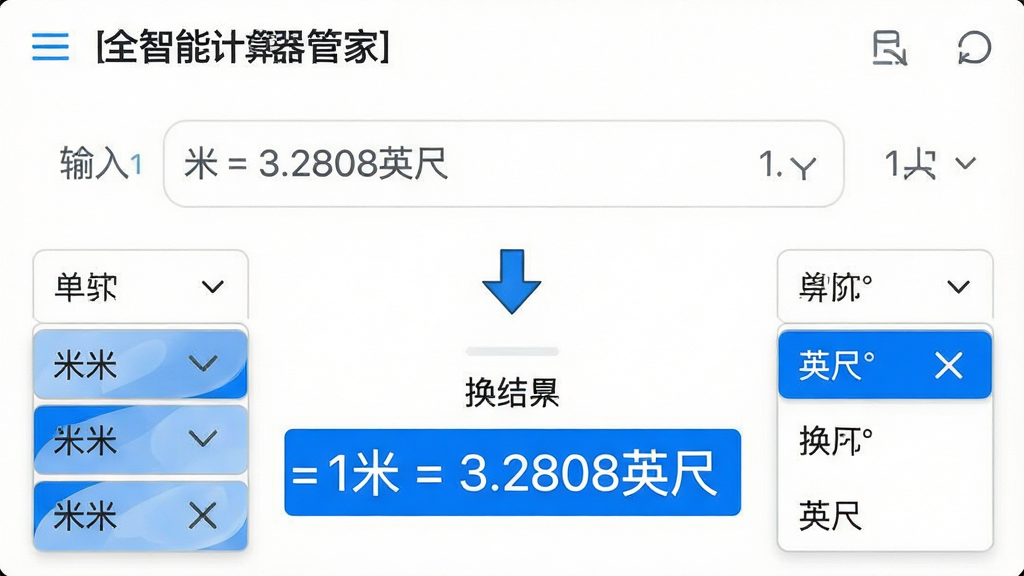 ���壺ȫ���ܼ������ܼҵĵ�λ������棬չʾ���ȵ�λ����Ӣ�ߵ�ת������� ���֣����½ṹ���Ϸ�Ϊ���������·�Ϊ���������м��ü�ͷ���ӣ����൥λ�����˵��� �Ű棺������ˬ����ɫ��������ɫ������ʾ����������λѡ�����б���ʽչ���� ��񣺼��������ͼ������������ ϸ�ڣ���ʾ��1�� = 3.2808Ӣ�ߡ��Ļ������������е�λ����ͼ�ꡣ ���ʣ��������ɾ����޶���Ԫ�ء�