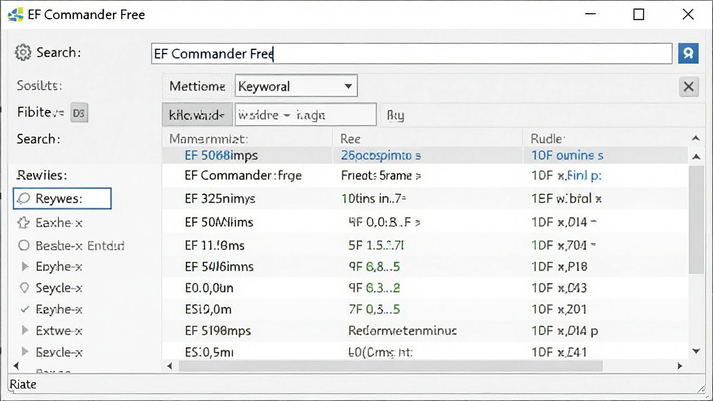 EF Commander Free 文件搜索界面,输入关键词后显示搜索结果列表,搜索选项丰富,界面直观,结果展示清晰,画质干净,无多余元素