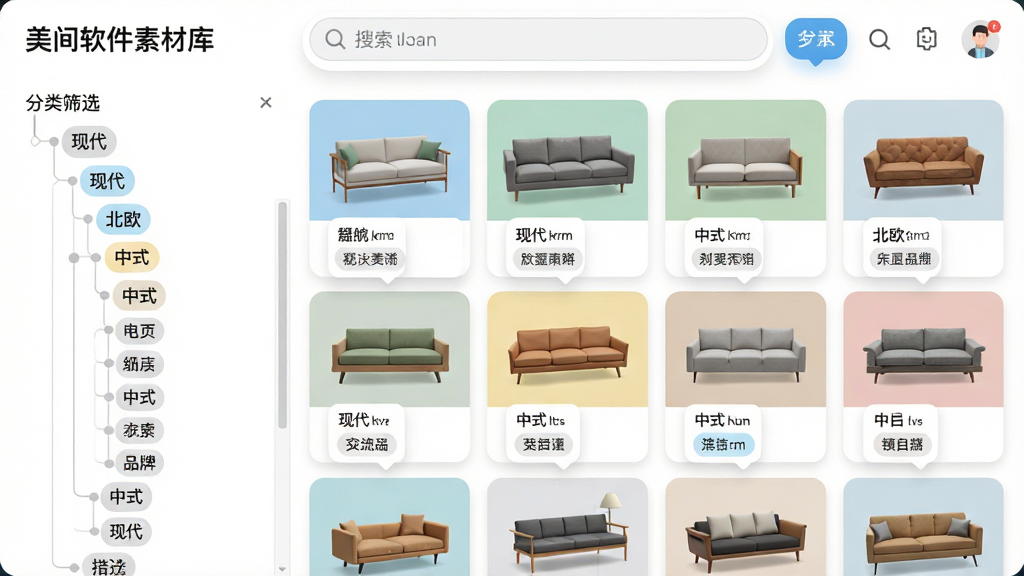 ���壺���������زĿ���棬��Ļ��չʾ��ͬ����ɳ��3Dģ������ͼ�����֣����Ϊ����ɸѡ��״�˵����Ҳ�Ϊ����״�ز�չʾ�����Ű棺�زĿ�Ƭ��Сͳһ����ͣ��ʾ������Ʒ�ơ���񣺽�����ˬ��ɫ�����죬ͼ���ƽ����ϸ�ڣ�������������Ŀ������������ִ���������ŷ��������ʽ���ȱ�ǩ�����ʣ����壬�ɾ����ࡣ