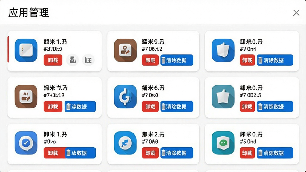 即刻焕新清理通应用管理界面截图,顶部显示“应用管理”标题,下方以列表形式展示多个应用图标和大小信息,部分应用带有“卸载”和“清除数据”按钮,界面采用卡片式设计,白色背景配蓝色按钮,风格清爽,画质干净,无多余元素