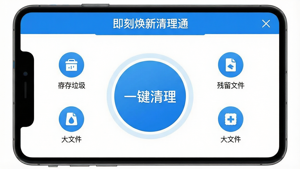 一张展示即刻焕新清理通软件主界面的高清截图,界面风格简洁明亮,以蓝色和白色为主色调,中央显示一个大型的圆形清理按钮,按钮上带有“一键清理”文字,周围环绕着缓存垃圾、残留文件、大文件等清理分类图标,整体布局清晰,画质干净,无多余元素