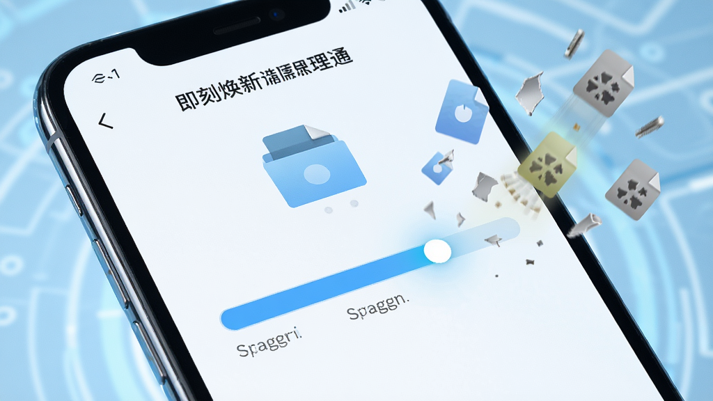 一个智能手机屏幕特写,屏幕上显示即刻焕新清理通正在扫描垃圾文件的界面,扫描进度条快速前进,周围有文件碎片和垃圾图标被清理的动画效果,背景为浅蓝色科技感风格,画质清晰,无多余元素