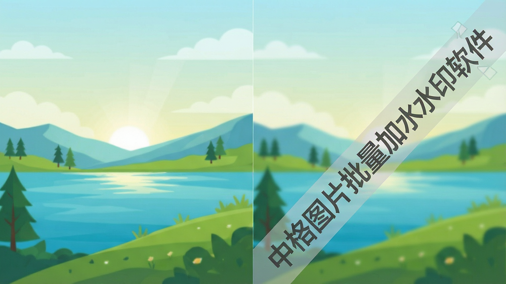 一张对比图风格的插画,左侧为未加水印的风景照片,右侧为同一张照片添加了半透明斜向水印的效果,水印文字为“中格图片批量加水印软件”,位置在右下角不遮挡主体,风格为干净明亮的扁平化设计,布局采用左右对比排版,细节展示水印的透明度和边距,画质高清,干净无多余元素