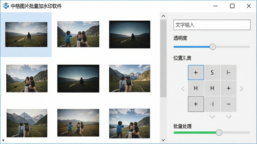 一张现代简约风格的电脑软件界面截图,主体为“中格图片批量加水印软件”的主窗口,布局清晰,左侧为图片列表缩略图,右侧为水印设置面板,包含文字输入框、透明度滑条、位置九宫格选择器,排版规整,风格为干净的扁平化UI设计,细节显示批量处理进度条,画质高清,干净无多余元素