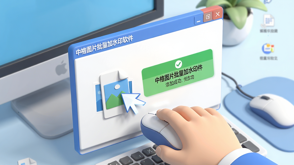 一张电脑操作示意图,画面中一只手正在鼠标拖拽图片文件到“中格图片批量加水印软件”窗口中,窗口内显示添加成功提示,背景为简洁的电脑桌面,布局以对角线构图,风格为清爽的3D卡通渲染,细节展示拖拽动作和软件界面,画质清晰,干净无多余元素
