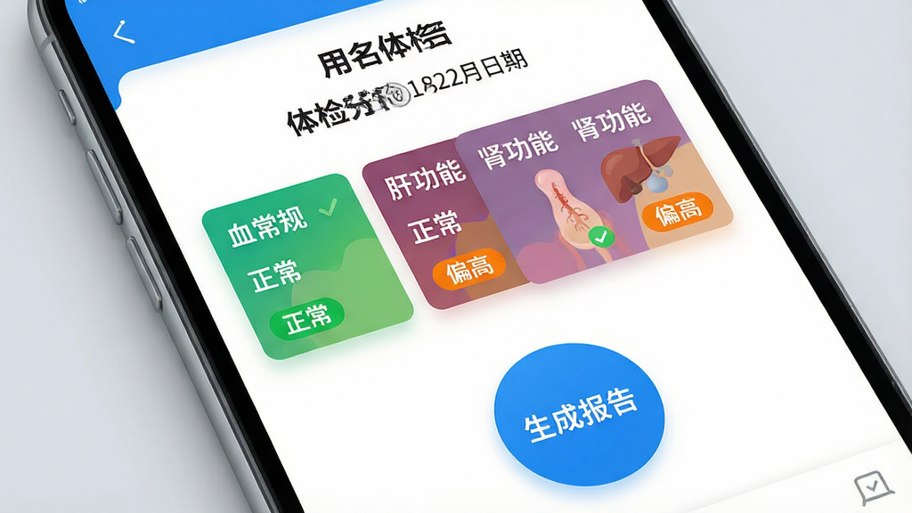 一张智能手机屏幕特写,屏幕中央显示“体检报告免费分析”APP界面,界面风格简洁现代,以白色和蓝色为主色调,上方显示用户姓名和体检日期,中部用彩色卡片分类展示“血常规”、“肝功能”、“肾功能”等指标,每个卡片旁有绿色“正常”或橙色“偏高”的标签,下方有一个醒目的蓝色圆形按钮写着“生成报告”,手机背景为柔和的浅灰色,画面干净明亮,突出APP的便捷与智能,画质高清,无多余元素