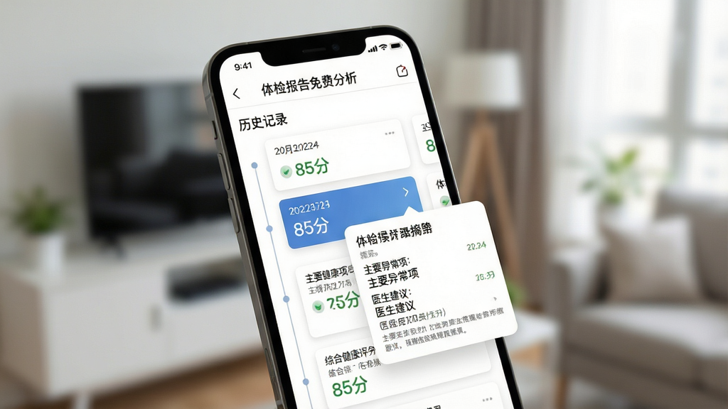手机屏幕上展示“体检报告免费分析”的“历史记录”页面,页面以时间线形式排列着多份体检报告卡片,每张卡片上显示着日期和综合健康评分(如85分),点击某张卡片后弹出该次报告的详细摘要,包括主要异常项和医生建议,背景是模糊的室内环境,手机界面清晰,风格简约,突出数据管理功能,画质干净,无多余元素