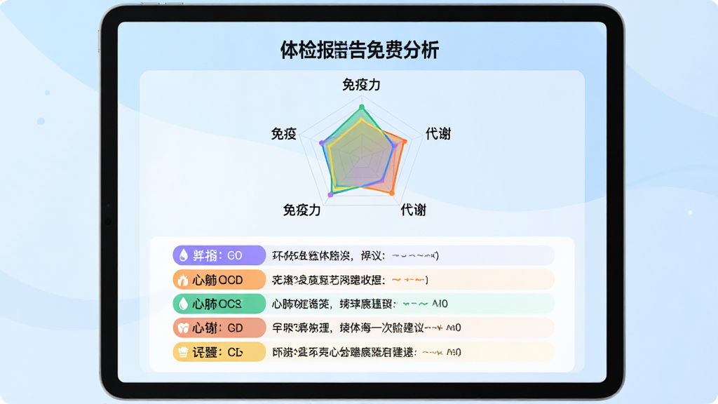 一台平板电脑横屏展示“体检报告免费分析”的生成报告页面,页面上半部分是彩色雷达图,标注着“免疫力”、“代谢”、“心肺功能”等维度得分,下半部分是用不同颜色高亮标注的异常指标列表,每个指标后面有具体的建议,整体UI设计现代感强,背景为浅蓝色渐变,画面干净整洁,突出报告的可视化与直观性,画质高清,无多余元素