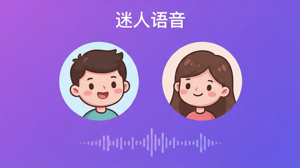 迷人APP语音聊天界面,主体为两个卡通人物头像正在进行语音通话,布局简洁,背景为渐变紫色,排版居中,风格可爱温馨,细节包括音量波形动画,画质清晰,干净无多余元素,图中文字标注“迷人语音”